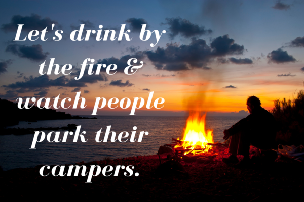 A person sits in silhouette by a glowing campfire on a rocky shoreline at sunset. The orange glow of the fire and the setting sun reflect on the calm water in the background under a darkening, cloudy sky. White, cursive-style text overlaid on the left side reads, "Let's drink by the fire & watch people park their campers." - https://www.rhinspartners.com/