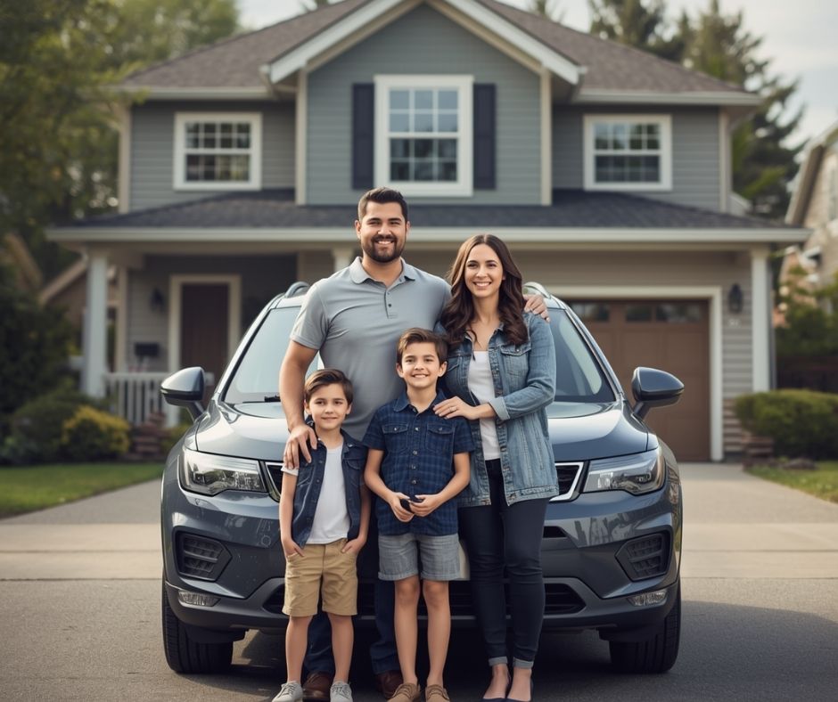 A smiling family of four stands together in front of a grey SUV parked in the driveway of a two-story suburban home - https://www.rhinspartners.com/